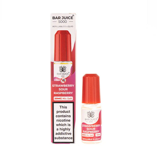 Bar Juice Strawberry Sour Raspberry e-liquid packaging. ELFBAR Nic Salt in uk. E-liquid in uk